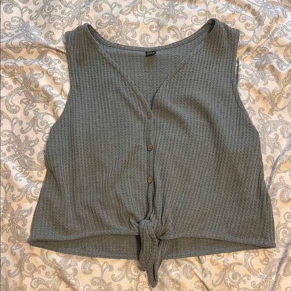 SHEIN Tops - SHEIN Waffle Knit Blue Buttoned Tie Tank Top